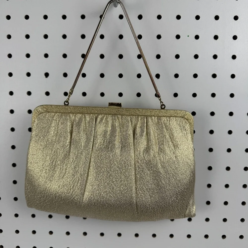 Vintage Ande Clutch Bag Womens Small Gold‎ Satin Rhinestone Formal Evening